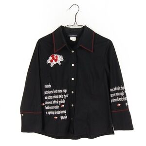 Vintage 90s Y2K Le Copine Black Embroidered Text Graphic Grunge Blouse Top